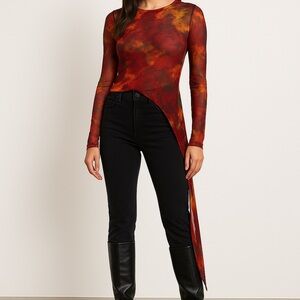 See You Monday LA Sheer Long Sleeve Hi-Low Mesh Top | Fire Print | Size S